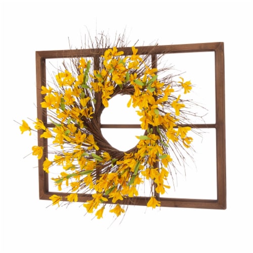 Glitzhome Wooden Window Frame With Artificial Winter Jasmine Wreath Perspective: left