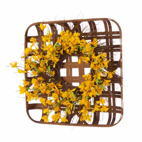 Glitzhome Bamboo Tobacco Basket With Artificial Winter Jasmine Wreath Perspective: left
