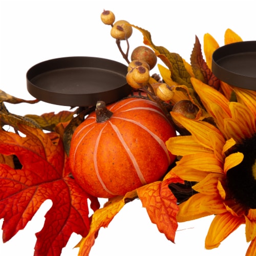 Glitzhome 28 Inch Length Metal Candle Holder / Center Piece with Sunflower Floral Perspective: left