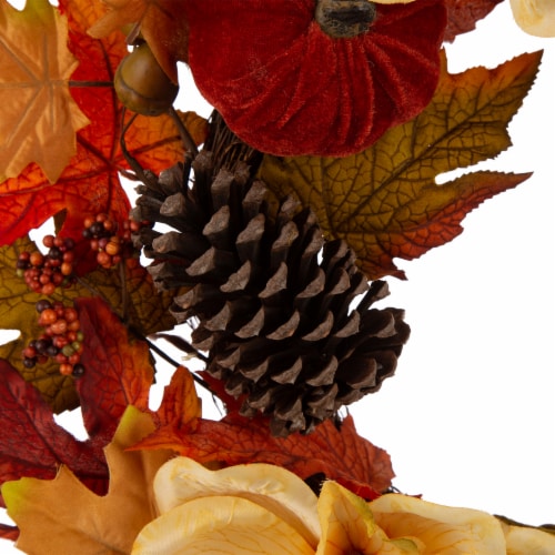 Glitzhome Blooming Magnolia Wreath with Velvet Pumpkin & Pinecone Perspective: left