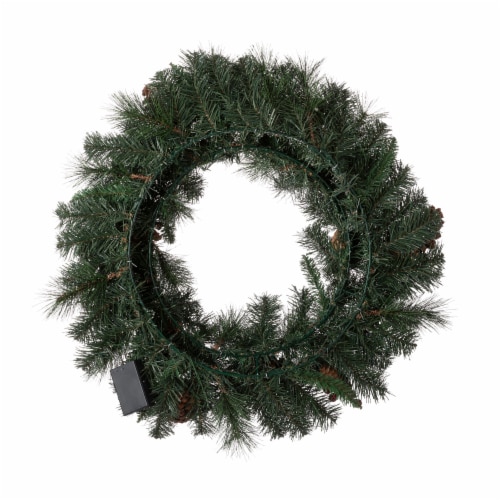 Glitzhome 24 Inch Diameter Glittered Pine Cone Christmas Wreath, with Warm White Lights Perspective: left