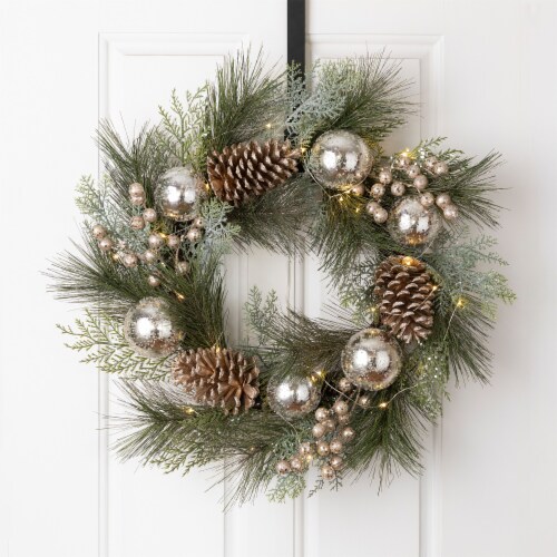 Glitzhome Pre-Lit Berry Holly & Pine Cone Silver Ornament Wreath Perspective: left