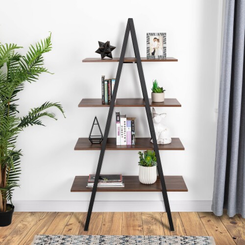 Glitzhome Metal & Wooden 4-Tier Bookcase and Ladder Shelves - Black/Walnut Perspective: left