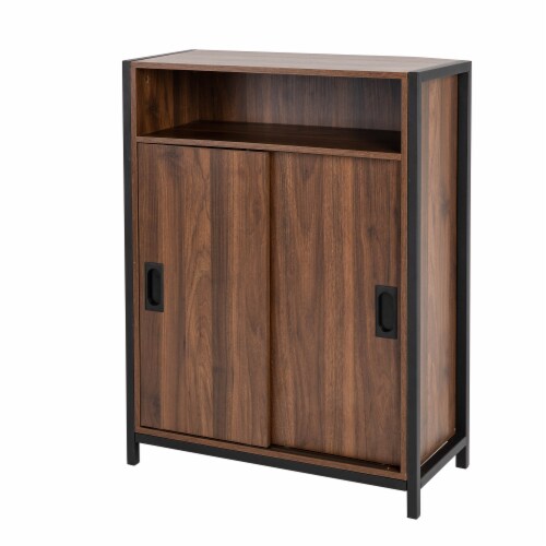 Glitzhome Wooden Metal Floor Cabinet with Double Sliding Doors - Walnut/Black Perspective: left