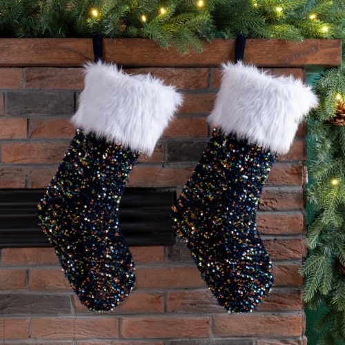 Glitzhome Sequin Pattern Christmas Stocking - Navy Perspective: left