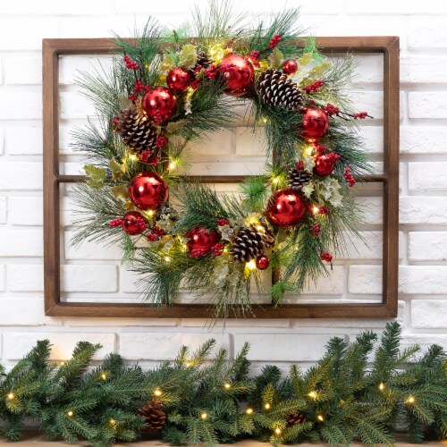 Glitzhome LED Pre-Lit Pinecone & Ornament Wreath Wooden Window Frame Perspective: left