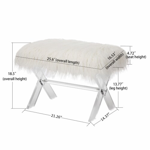 Glitzhome Faux Fur Upholstered Bench with Acrylic X-Leg - White / Clear Perspective: left