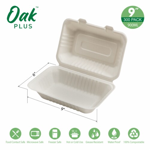 Glitzhome 9 Inch White Sugarcane Clamshell Containers, 300 Pack Perspective: left