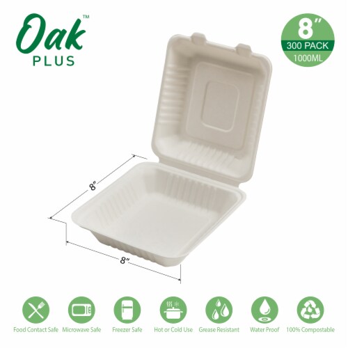 Glitzhome 8 Inch White Sugarcane Clamshell Containers, 300 Pack Perspective: left