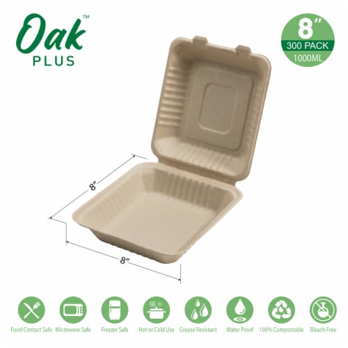 Glitzhome 8 Inch Natural Sugarcane Clamshell Containers, 300 Pack Perspective: left
