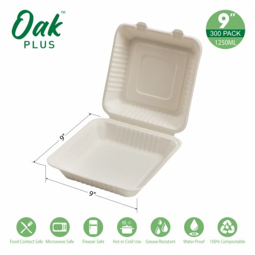 Glitzhome 9 Inch White Sugarcane Clamshell Containers, 300 Pack Perspective: left