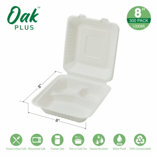 Glitzhome 8 Inch White Sugarcane Sectional Clamshell Containers, 300 Pack Perspective: left