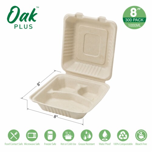 Glitzhome 8 Inch Natural Sugarcane Sectional Clamshell Containers, 300 Pack Perspective: left