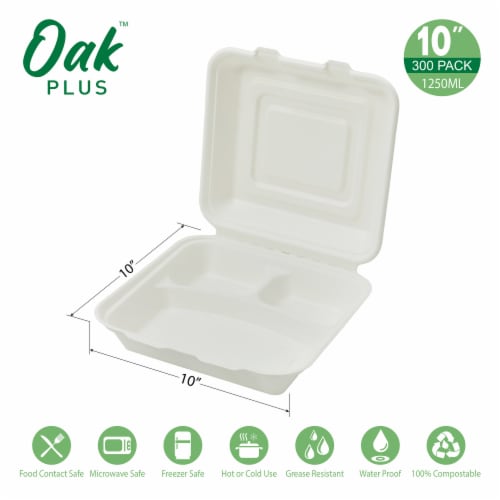Glitzhome 10 Inch White Sugarcane Sectional Clamshell Containers, 300 Pack Perspective: left