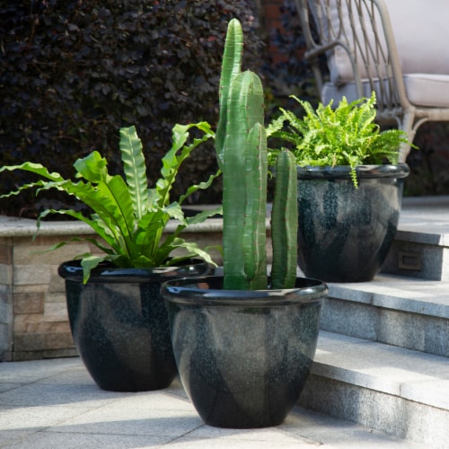 Glitzhome Oversized Faux Ceramic Round Plastic Pot Planter - Black Perspective: left