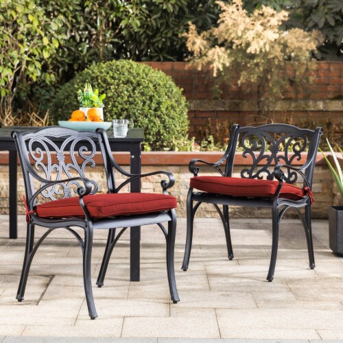 Glitzhome Set of Two Cast Aluminum Dining Chairs with Wine Red Cushions and Beige Covers Perspective: left