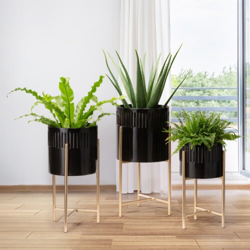 Glitzhome Modern Glossy Metal Plant Stands - Black/Gold Perspective: left
