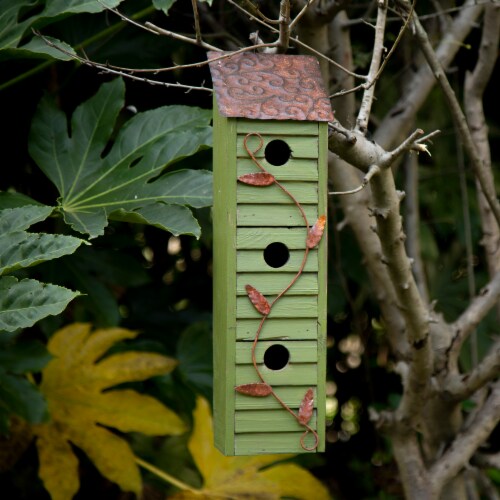 Glitzhome Window-Blinds Distressed Solid Wood Birdhouse - Green Perspective: left