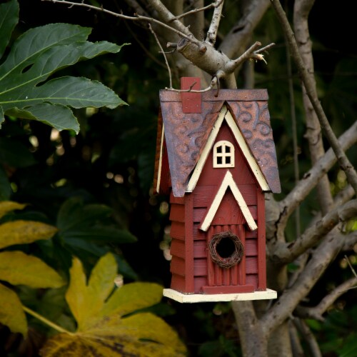 Glitzhome Hanging Distressed Wooden Cottage Birdhouse - Red Perspective: left