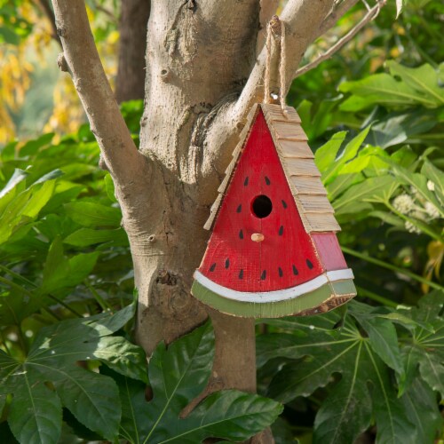 Glitzhome Hanging Wooden Watermelon Decorative Garden Birdhouse Perspective: left