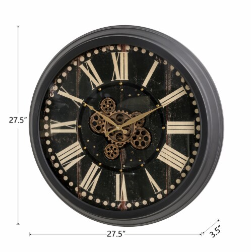 Glitzhome 27.50 Inch D Oversized Vintage Round Black Gear Clock With Tempered Glass Perspective: left