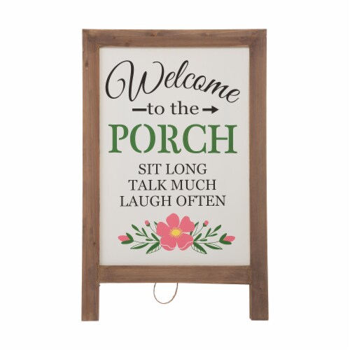 Glitzhome "Welcome to the Porch" Wood Framed Easel Porch Sign with Flowers Perspective: left