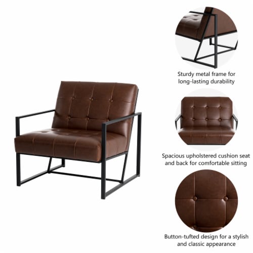 Glitzhome Button-Tufted PU Leather Arm Chair, 31.5 Inch Tall Black Metal Frame Perspective: left