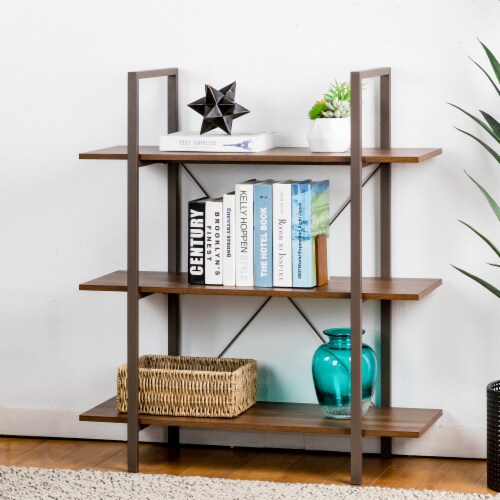 Glitzhome Modern Industry Metal/Wooden 3-Tier Bookcase & Shelves - Brown/Walnut Perspective: left