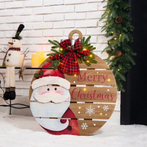Glitzhome Lighted Round Wooden Santa Porch Décor Perspective: left