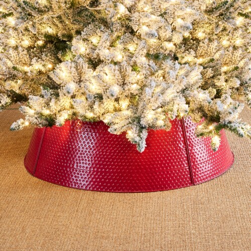 Glitzhome Christmas Red Hammered Metal Tree Collar Perspective: left