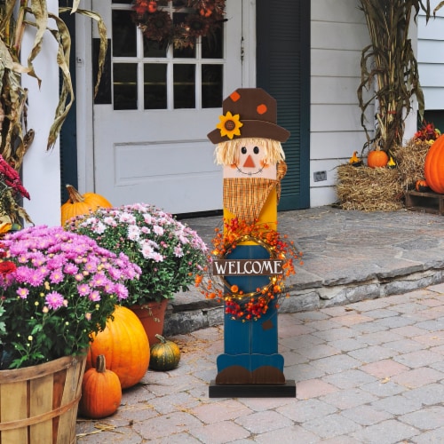 Glitzhome 42 Inch Tall Fall Lighted Wooden Scarecrow Porch Decor with Wreath Perspective: left