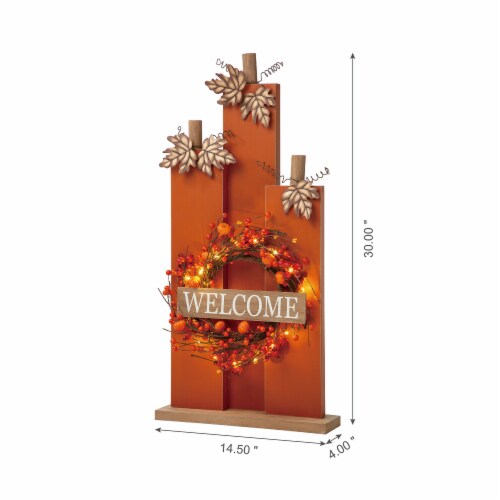 Glitzhome 30 Inch Tall Fall Lighted Wooden Pumpkin Decor with Wreath Perspective: left