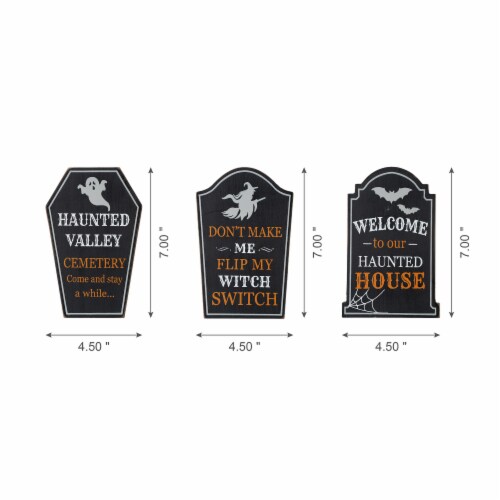 Glitzhome Set of Three 7 Inch Tall Halloween Wooden Tombstone Table Sign Perspective: left