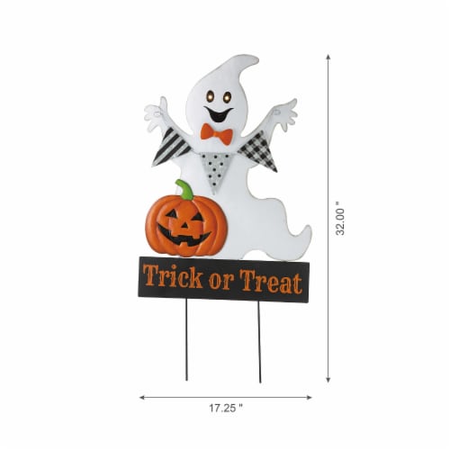 Glitzhome 32 Inch Tall Lighted Halloween Metal Ghost Yard Stake or Hanging Decor Perspective: left