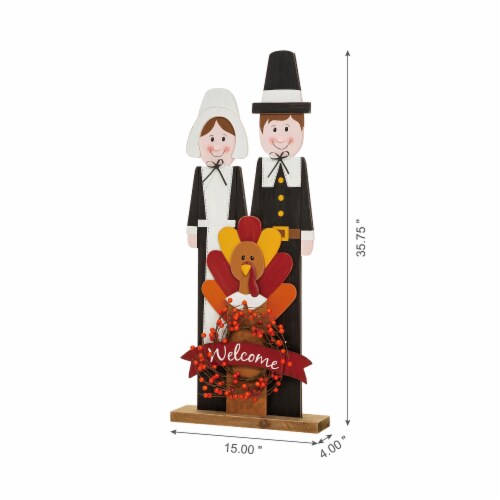 Glitzhome Wooden Pilgrim Couple with Turkey Porch Decor Perspective: left