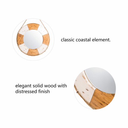 Glitzhome 30 Inch Diameter Coastal Lifebuoy Wood Round Wall Mirror, White&Yellow Perspective: left