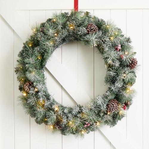 Glitzhome 30 Inch Pre-Lit Glittered Pine Cone Christmas Wreath with 50 Warm White Lights Perspective: left