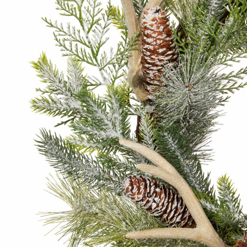 Glitzhome Flocked Pinecone & Antler Wreath with Warm White LED Lights Perspective: left