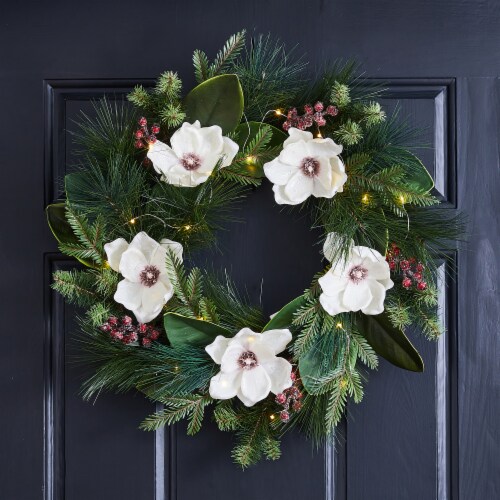 Glitzhome Iced Magnolia Berry Pine Wreath With Lights Perspective: left