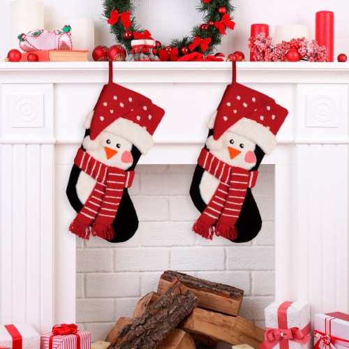 Glitzhome Two Pack 19 Inch Length Hooked Stocking, 3D Penguin Perspective: left