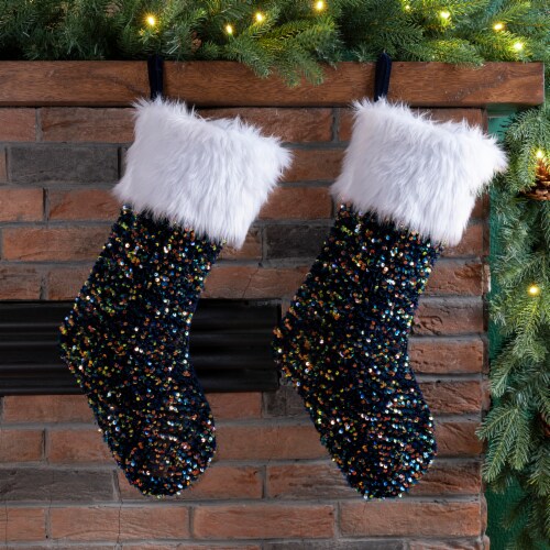 Glitzhome Two Pack 21 Inch Length Navy Blue Sequin Christmas Stocking Perspective: left