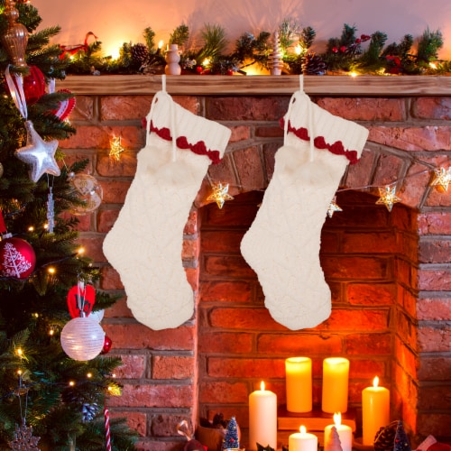 Glitzhome 22 Inch Length Knitted Polyester White Christmas Stocking with Red Trim & Pompom Perspective: left