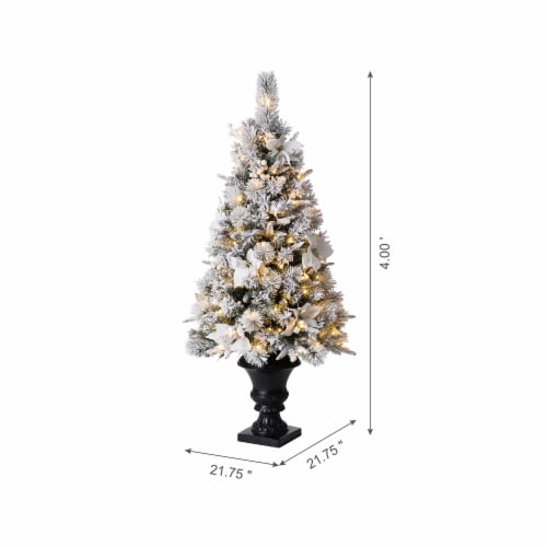 Glitzhome 4 Feet Flocked Pine Poinsettia Faux Christmas Porch Tree with 100 Warm White Lights Perspective: left