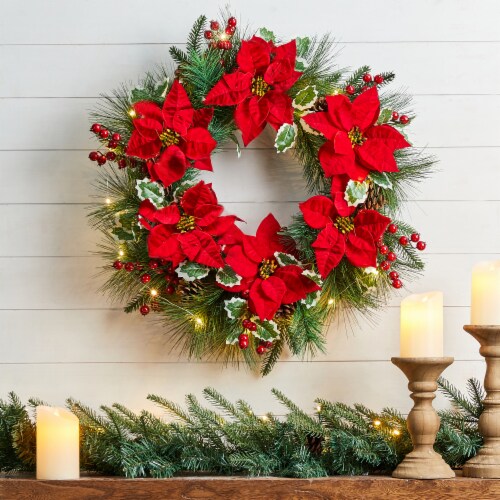 Glitzhome Poinsettia Pinecone Wreath with Lights Perspective: left