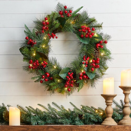 Glitzhome 24 Inch Diameter Berry Magnolia Leaf Pinecone Wreath With Lights Perspective: left