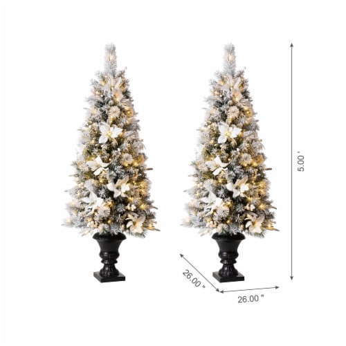 Glitzhome Set of Two 5 Feet Pre-Lit Pine Faux Christmas Porch Tree with 150 Warm White Lights Perspective: left