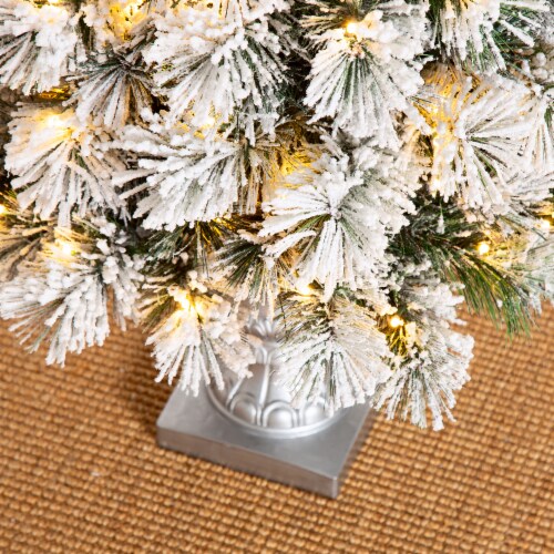 Glitzhome Two Pack 5 Feet Flocked Pine Faux Christmas Porch Tree with 150 Warm White Lights Perspective: left