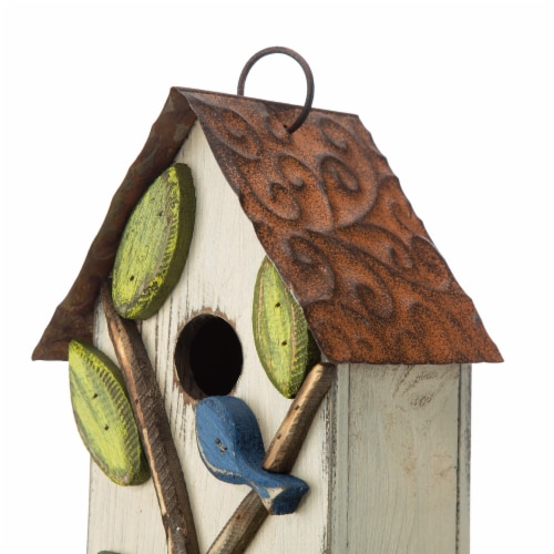 Glitzhome 9.75 Washed White Bird House with 3D Tree and Bird Perspective: left