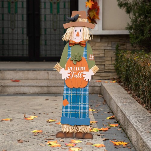 Glitzhome Fall Wooden Scarecrow Yard Stake Multi-functional Rustic Pallet Sign Perspective: left