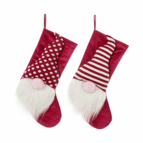 Glitzhome Set of Two 21.75 Inch Tall 3D Fabric Christmas Gnome Stripes & Dots Stocking Perspective: left
